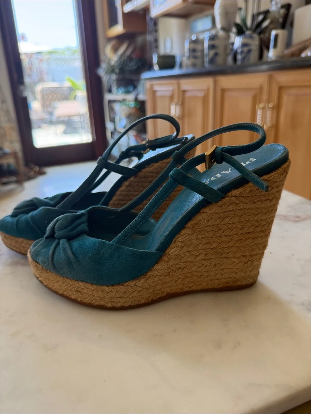 Prada Teal Suede Knot Espadrille Wedges